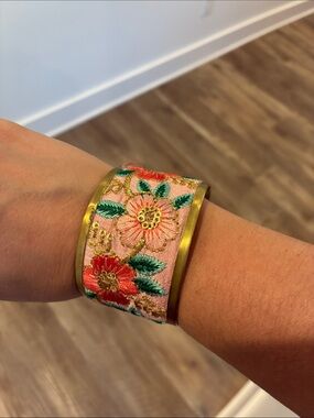 Gold Cuff Bracelet with Pink Floral Embroidery